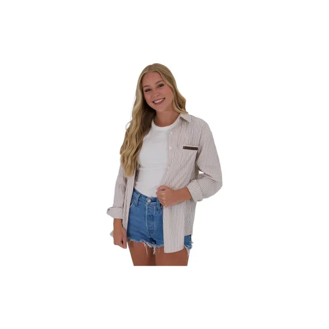 2XL - LADIES TAN VERTICAL STRIPE LONG SLEEVE