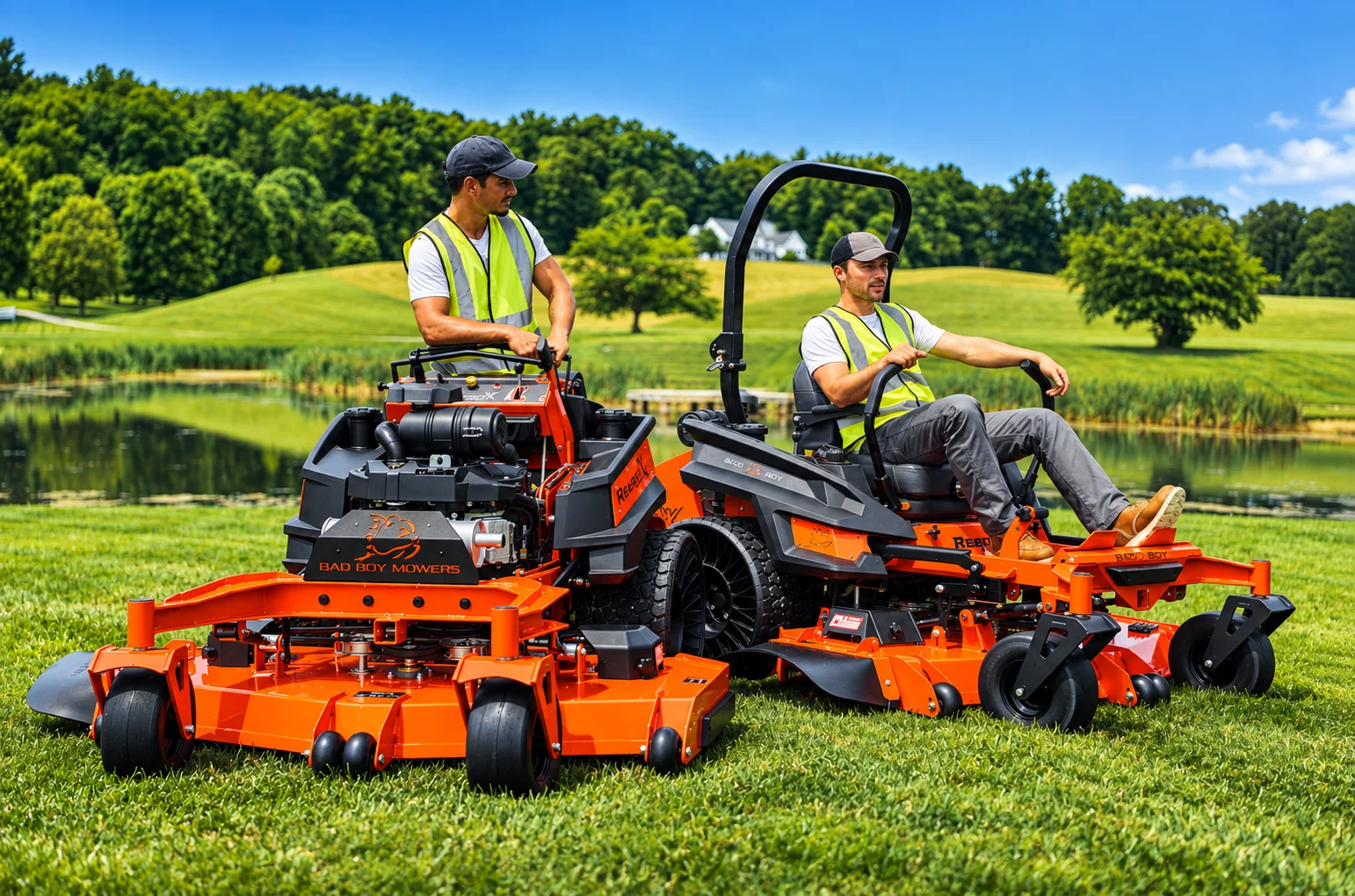 A landscaping crew operating two Bad Boy mowers beside a pond