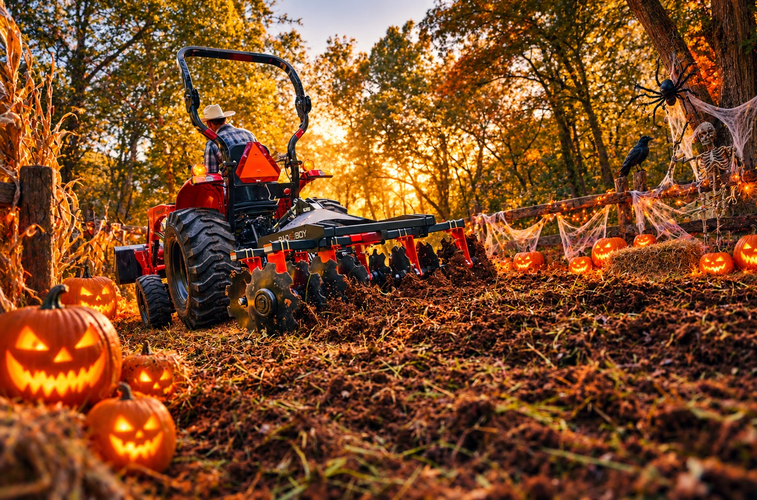 Tractor working at sunset among autumn trees, glowing pumpkins, and Halloween decorations
