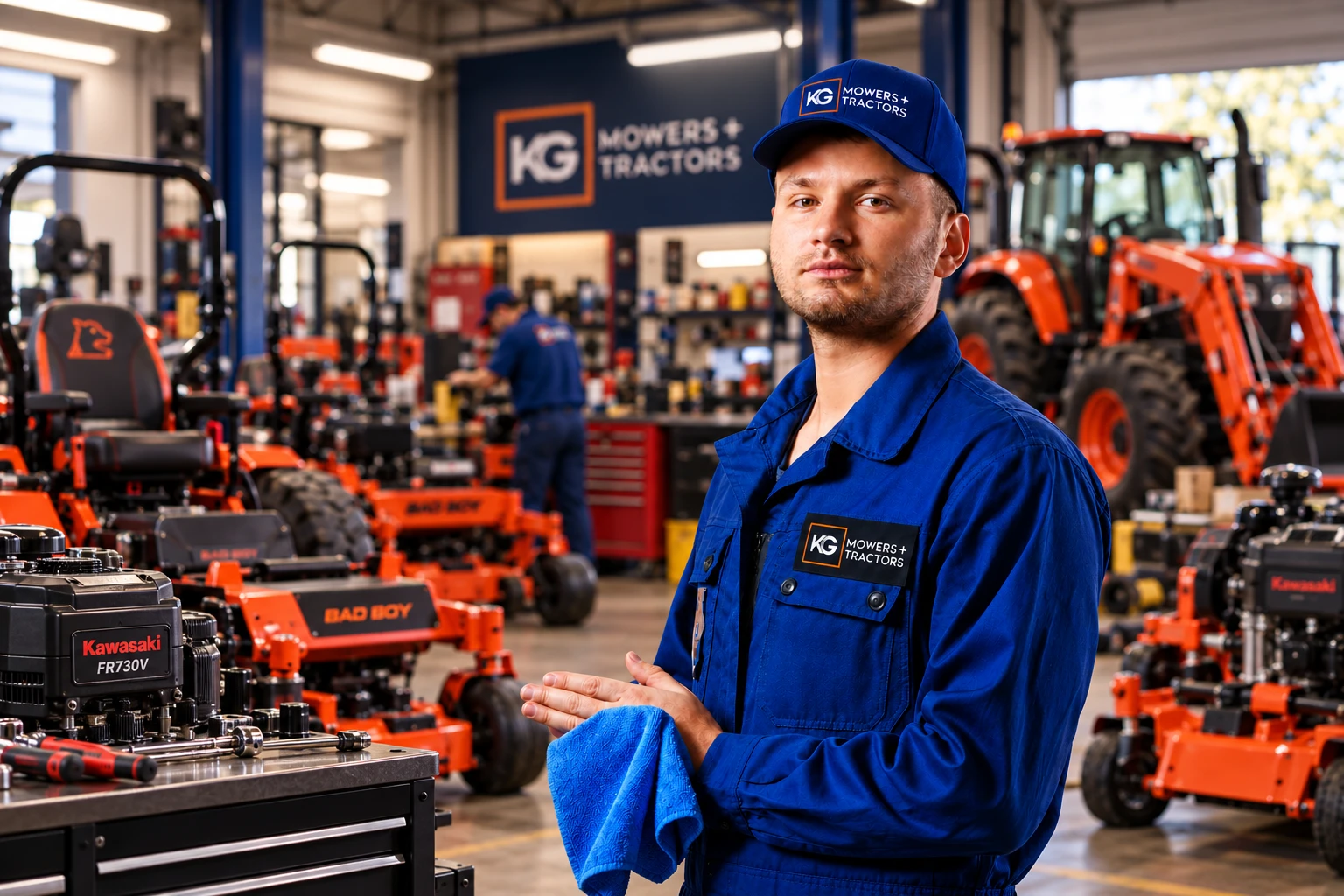 Mower service technician in a workshop with mowers and a tractor